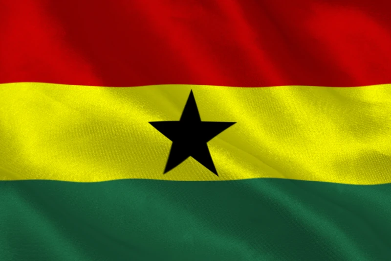 Flag of Ghana, 3 stripes of red, yellow and green, with a black star in the centre of the flag on the yellow stripe.